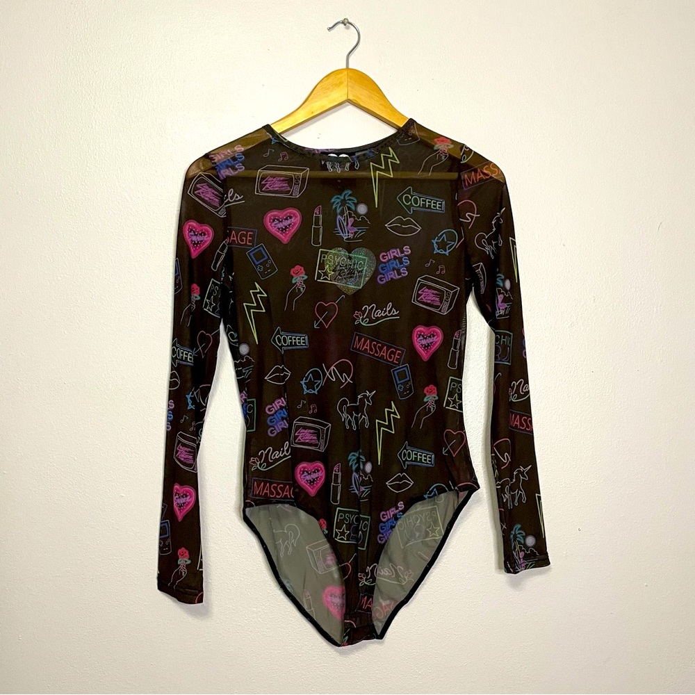 NWT Laser Kitten Mesh Sheer Black Long Sleeve Neon Bodysuit